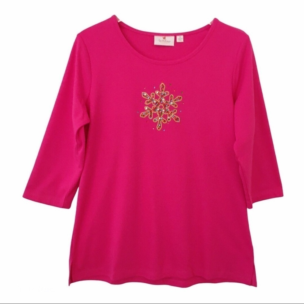 Quacker Factory Bright Pink Sparkly Snowflake Motif 3/4 Sleeve Top